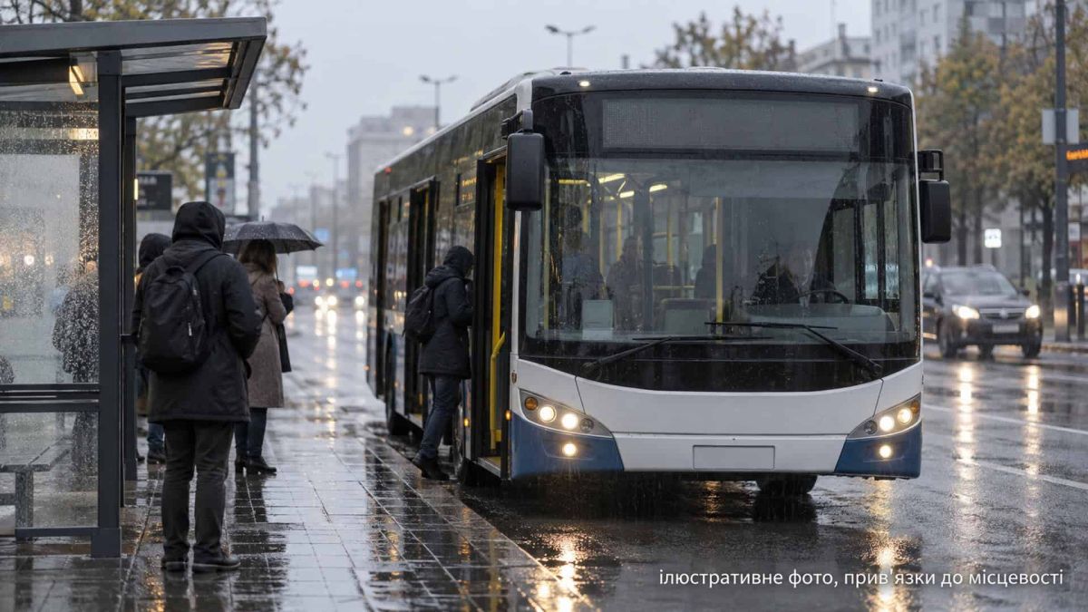 Ілюстративне фото: пасажири заходять в автобус на зупинці під дощем у похмуру погоду