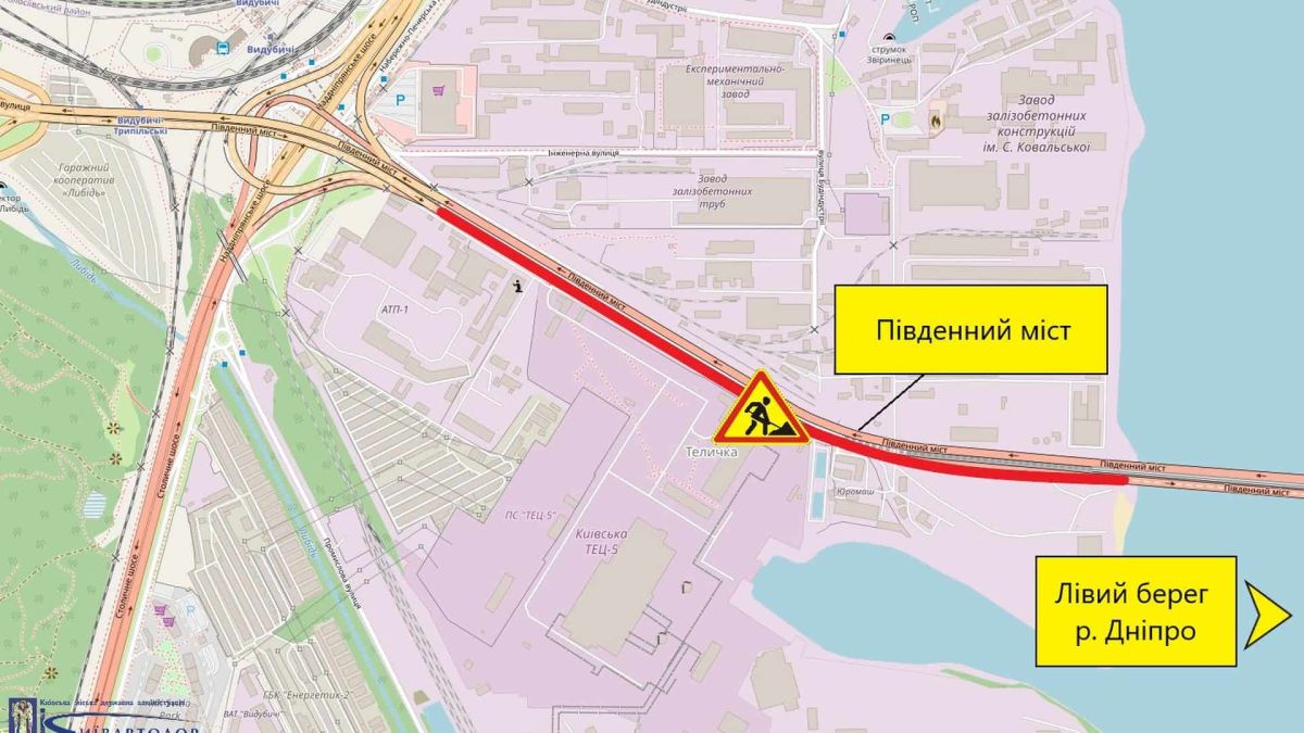Південний міст частково перекриють 26–29 травня: що відомо Схема часткового перекриття Південного мосту в Києві з 26 по 29 травня 2026 року — ділянка позначена червоним