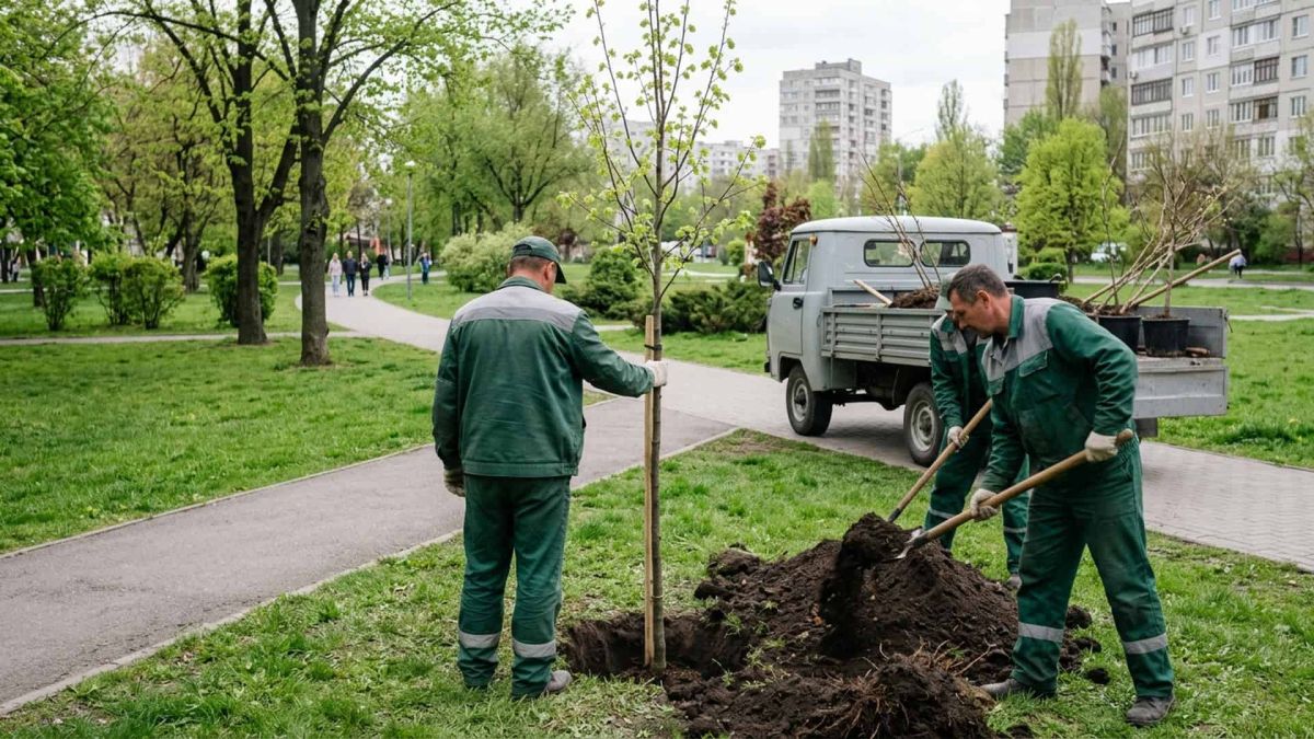 П’ять локацій у Києві звільнять від реклами, що порушує дизайн-код Комунальники в зеленій формі висаджують молоде дерево у міському парку