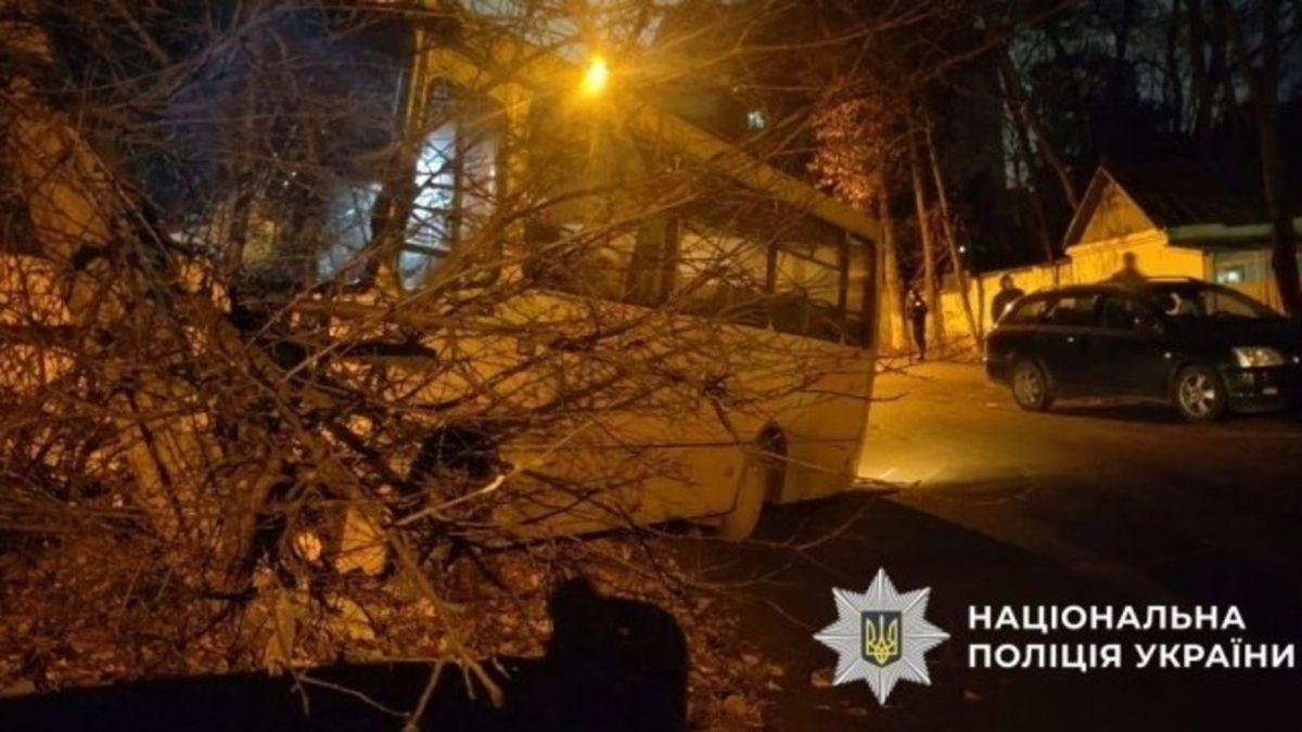 У Києві судитимуть чоловіка, який напідпитку викрав автобус і скоїв потрійне ДТП Автобус «Богдан», який врізався в дерево після потрійного ДТП у Святошинському районі Києва, нічне фото поліції